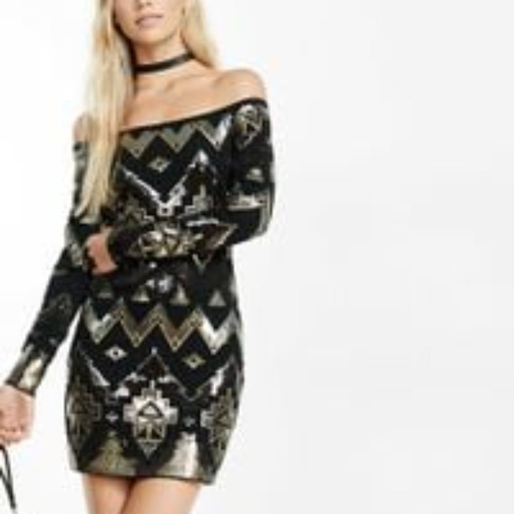Express Black Off Shoulder Deco Sequined Dress Sm